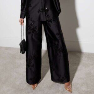 Brand New Rachel Zoe Black Satin Sequin Embellished Wide Leg Trousers